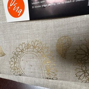 New Belgian Linen Vera Tablecloth 72 Inch Round Beige Gold Stencil NWOT
